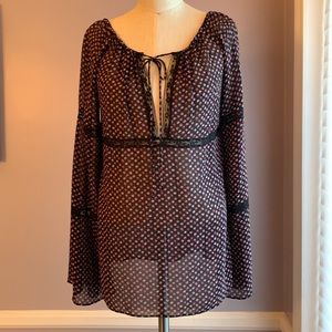 Karen Kane black pink silk floral sheer peasant tunic blouse with bell sleeves S